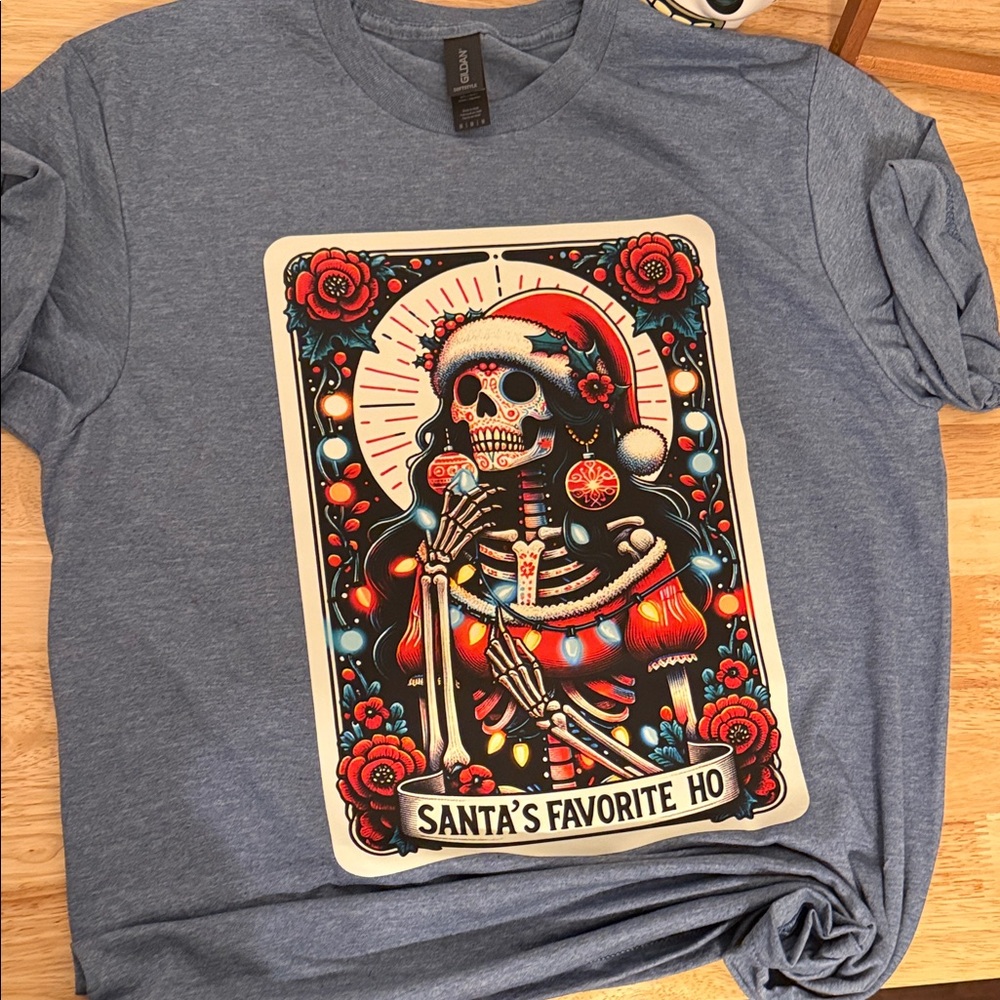 Blue Graphic T-Shirt with Skeleton Santa Design